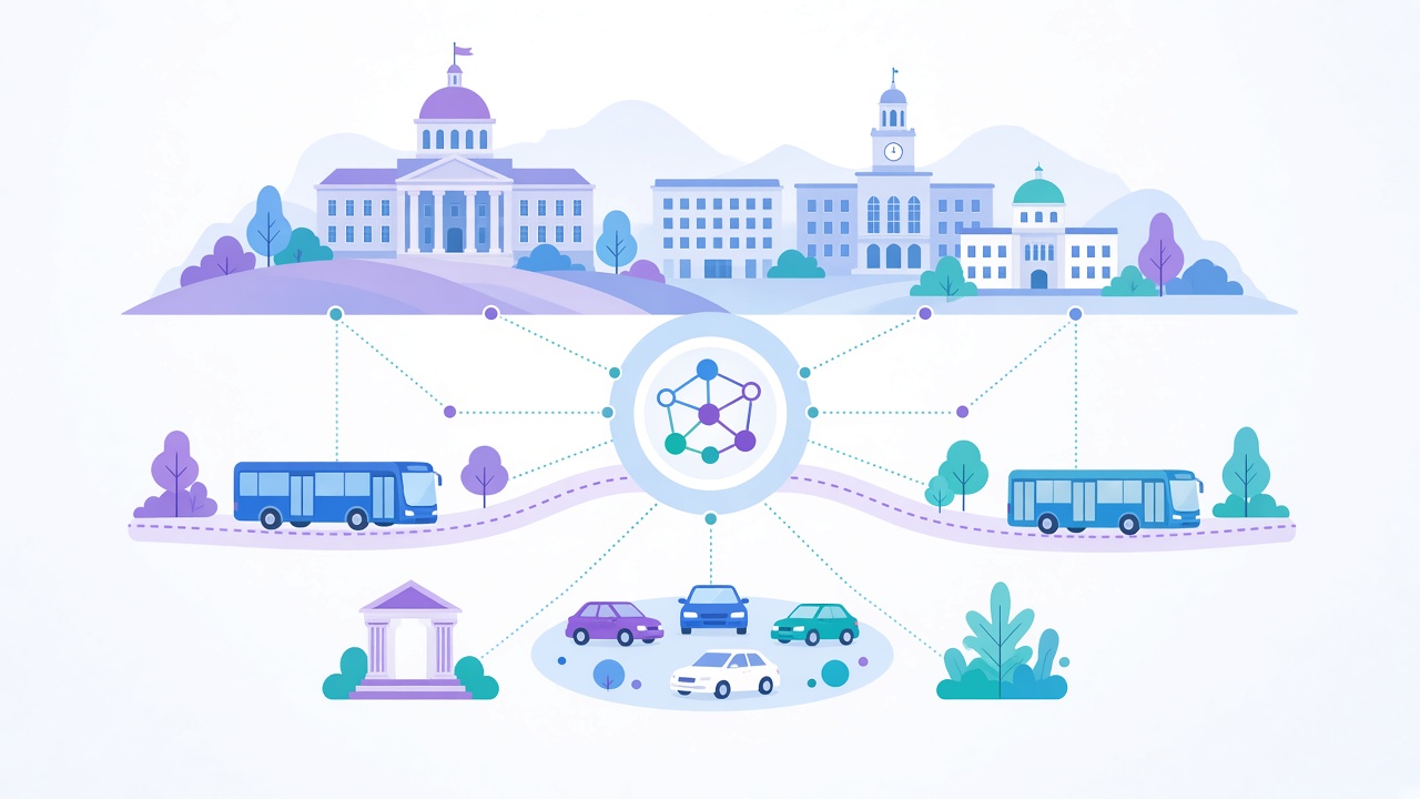 Illustration of a university campus with buses on routes and a shared vehicle pool